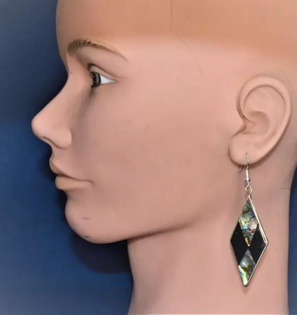 Vintage Signé Mexico Alpaga Incrustation Noir Ormeau Losange Forme Percé Boucles