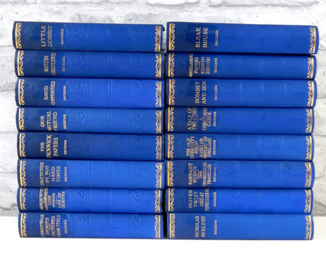 Antique Vintage Complete Set of 16 Charles Dickens Volumes Works Books 1930s