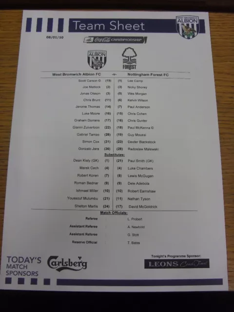 08/01/2010 Colour Teamsheet: West Bromwich Albion v Nottingham Forest  (folded).