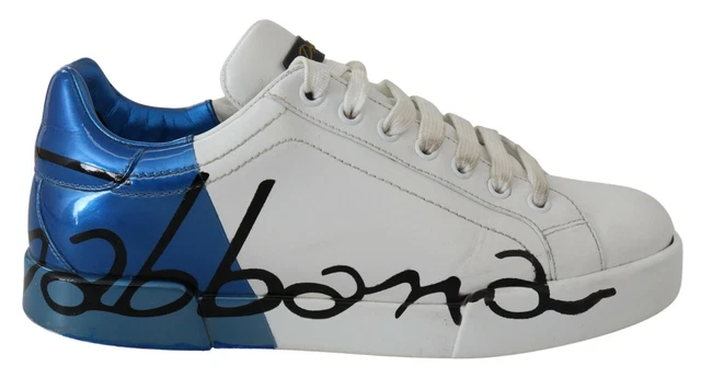 Dolce & Gabbana White Blue Leather Logo Low Top Sneakers Shoes