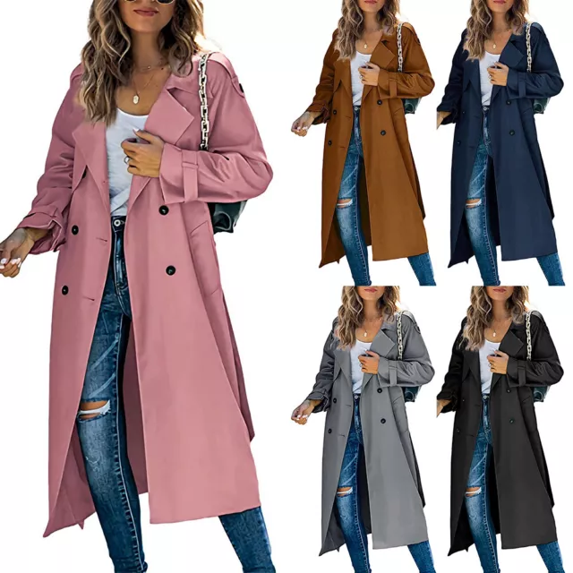 Donna Doppio Petto Lungo Cappotto Trench Antivento Classico Bavero con Cintura ^