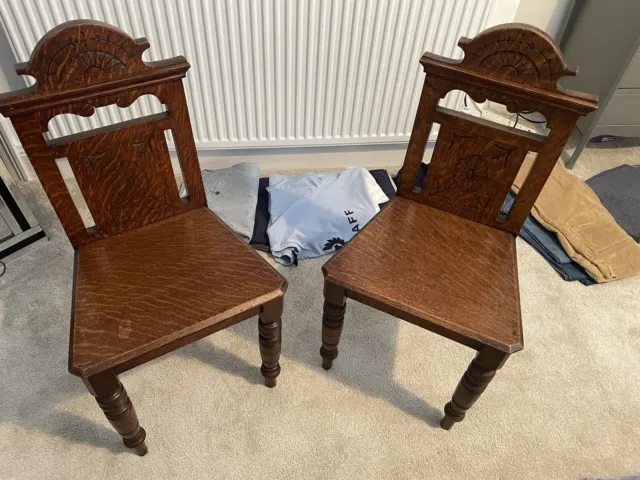 Beautiful Pair of Victorian Oak  Hall Chairs , Gothic Style