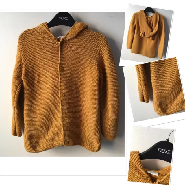 Next Unisex Boys Or Girls Mustard Knitted Style Hooded Cardigan 2-3 Years