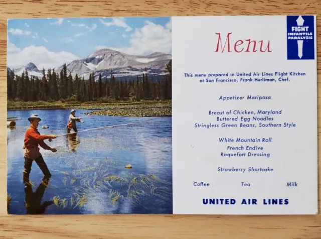 Vintage United Airlines Postcard Menu Fly Fishing Mid 20th Century. P232