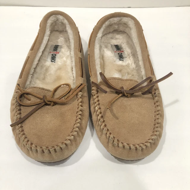 MINNETONKA Moccasins Tan Brown Suede Leather, Faux Fur Lining, 4036 Women’s 10M