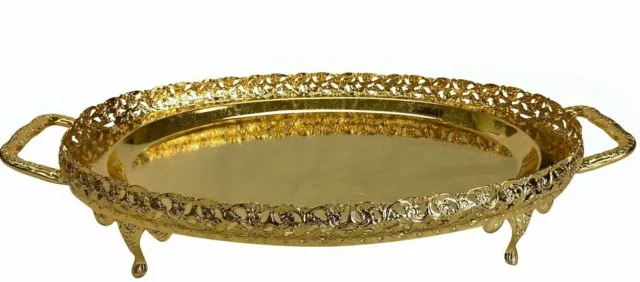 Gold Plated Large Oval Serving Tray Gallery Plate Platter Paandan With Handles