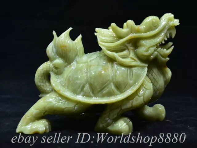 8.4" Chinese Natural Green Xiu jade Carved Fengshui Dragon Turtle Statue