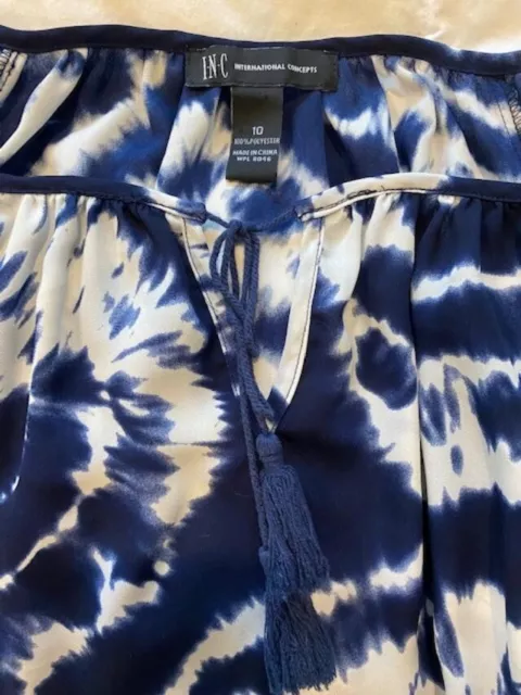 Inc International Concepts Blue Tie Dye Peasant Blouse With Sheer Sleeves Sz 10