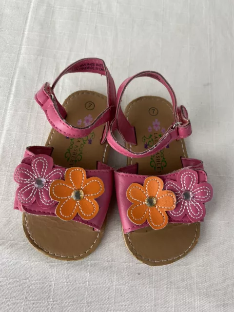 Laura Ashley Youth 7 Fuchsia Floral Sandals Girls Toddler Pink Orange Straps EUC