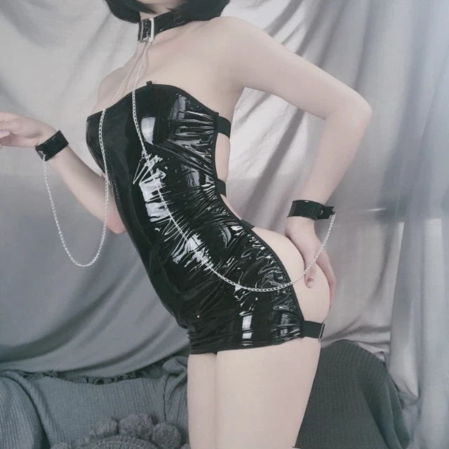 Abito donna lingerie catena cintura senza schienale effetto verniciato erotico cosplay