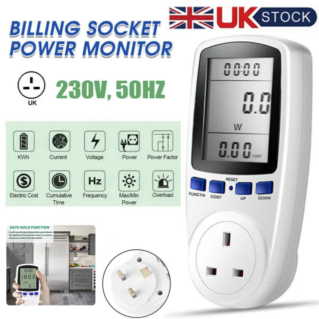 UK Plug-in Electricity Power Consumption Meter Energy Monitor Watt Kwh Analyzer
