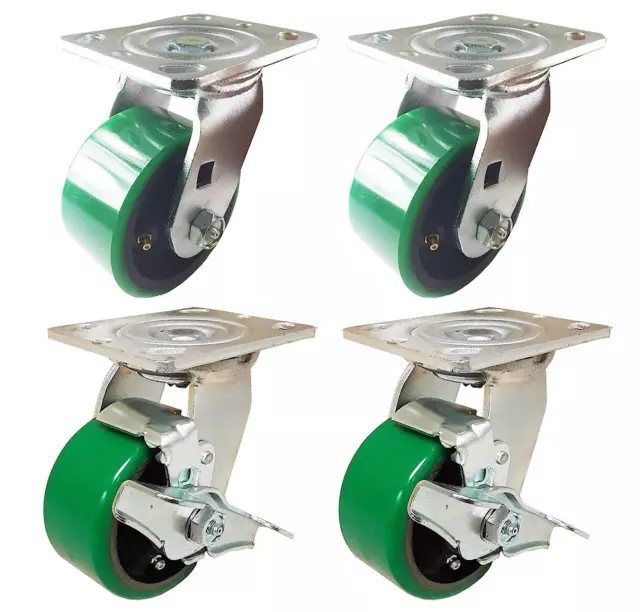 4 Heavy Duty Caster Set 4" 5" 6" Polyurethane on Cast Iron Wheels No Mark Green