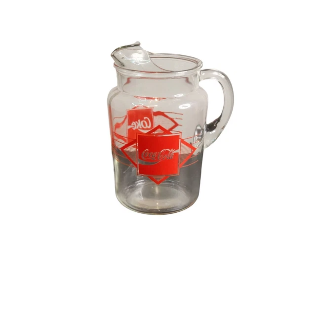 Vintage Heavy Glass Coca-Cola 2 QT. Pitcher Red Diamond Coke Design with Ice Lip
