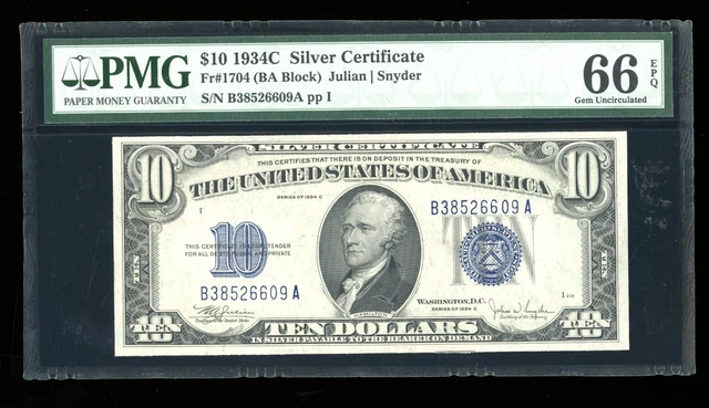 DBR 1934-C $10 Silver Gem Fr. 1704 PMG 66 EPQ Serial B38526609A