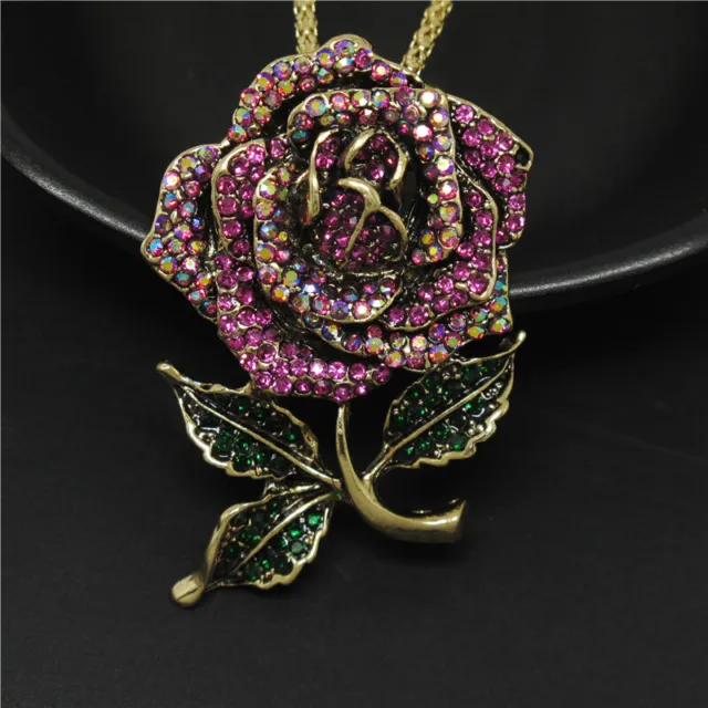Jewelry Fashion Rose Bling Lovely Rose Flower Crystal Pendant Necklace