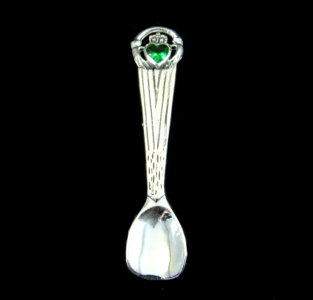 Solid 925 Sterling Silver Celtic Irish Claddagh Salt Spoon Green Crystal Heart