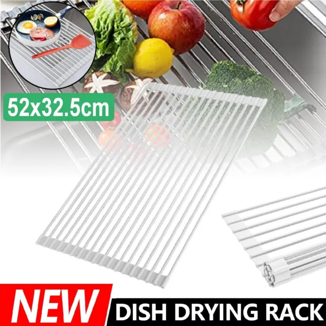Stainless Steel Drainer Folding Drying Roll-Up Kitchen Over Sink Rack Dish Tray