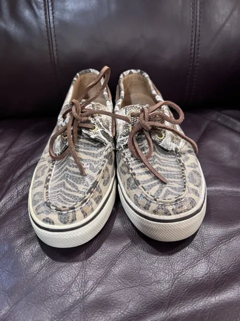 Sperry Top Sider Sequin Cheetah Shoes Leather Laces Women’s Size 7