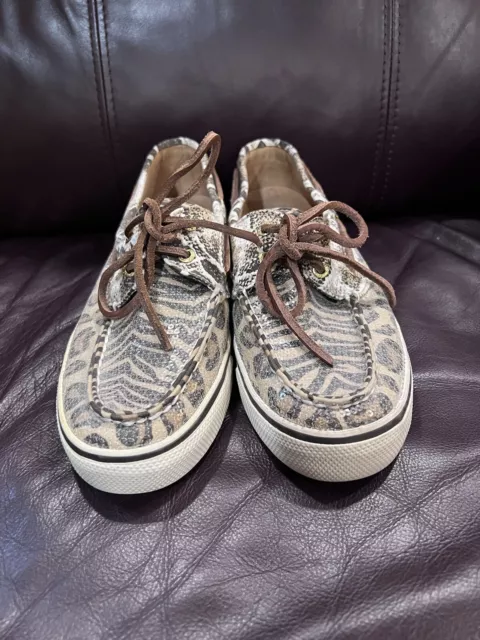Sperry Top Sider Sequin Cheetah Shoes Leather Laces Women’s Size 7