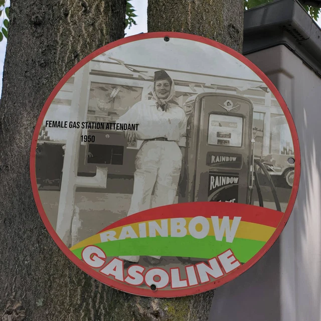 Vintage 1950 Rainbow Gasoline 'Female Gas Station Attendant' Porcelain Oil Sign