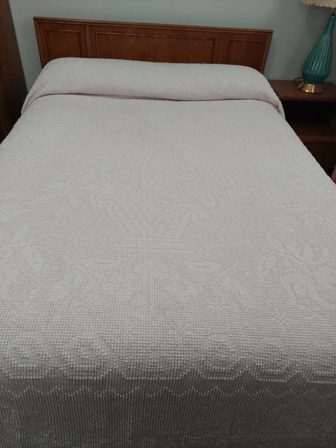 Vintage Retro Morgan Jones PINK Chenille Bedspread Metallic Silver 109" X 95"