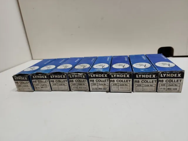 Lot Of 8 Lyndex R8 Collets 3/32, 5/32, 7/32, 9/32, 11/32, 13/32, 15/32, 17/32