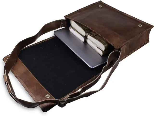 Classic Full Grain Leather Laptop Crossbody Messenger Bag With Magnetic Closure