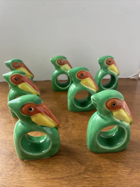 Flawless 7 Porcelain Pottery Green Red Yellow Pelican Napkin Rings Tropical