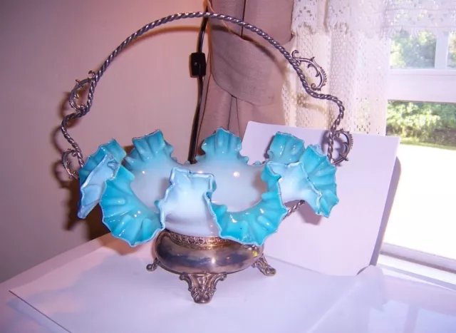 Antique silver plate  Brides Basket beautiful  teal Blue White Glass Ruffle Bowl