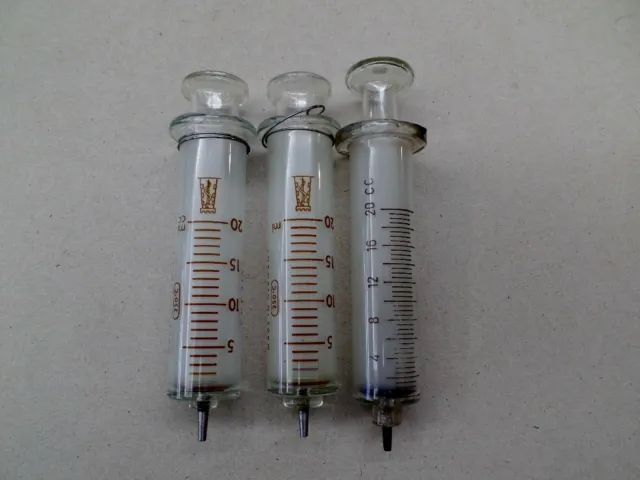 3 Stück Glasspritze Glaskolben Spritze Top-Zustand Medizin Arzt Instrument 2