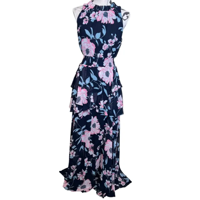 Eliza J Womens Dress Blue Pink Floral Size 10 Layered Sleeveless Maxi Ruffle