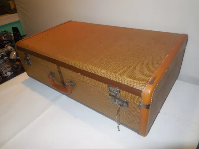 Vintage Brown Tweed Hard Shell Suitcase ~ Key, Leather Handle, Leather Corners