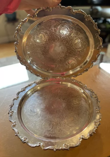 Lot 2 Vintage Sheridan Silver on Copper Ornate 17” Round Footed Server