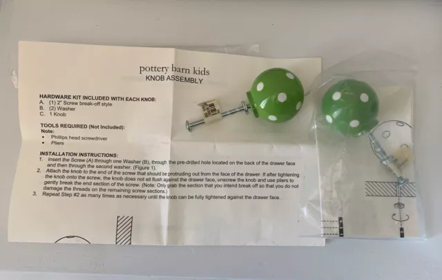 NEW S/2 Pottery Barn Kids Green and White Dots Ceramic Knobs Dresser Pull Handle