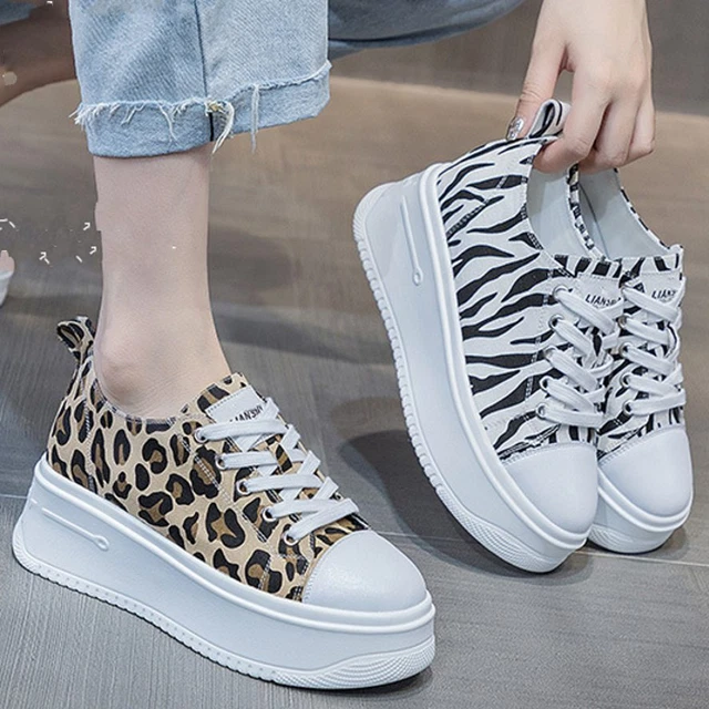 Lace Up Fashion Sneaker Women Leopard Cow Leather Round Toe High Platform Boots