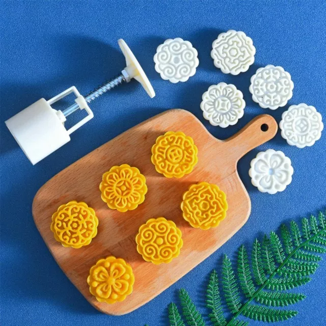 6pcs 3D Flower Stamp Moon Cake Decor Mould Barrel Round Mooncake Mold 50g