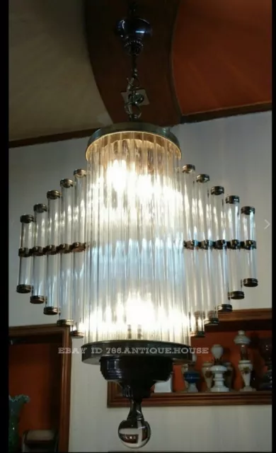 Vintage Art Deco Copper & Brass Glass Rod Ceiling Fixture Chandelier Light Lamp
