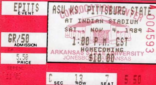 Vintage Arkansas State Indians Football Ticket Stub 1989 Indian Stadium