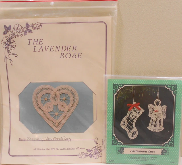 2 Nuevos en paquete Kits de Encaje Battenburg Rosa Lavanda 4 Doilies de Corazón y 2 Adornos de Navidad
