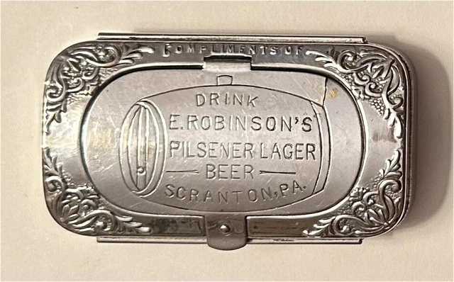 1900s E. Robinson Pilsener Lager Beer Scranton PA Slider Stamps Vesta Matchsafe 1900s E. Robinson Pilsener Lager Beer Scranton PA Slider Stamps Vesta Matchsafe