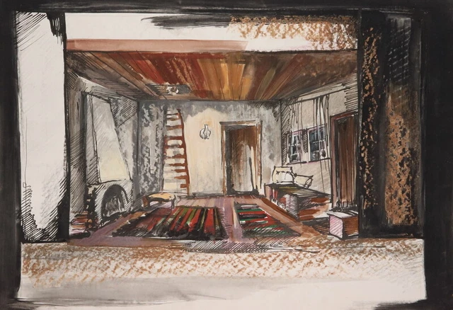 Vintage gouache painting Theater stage old house interior design