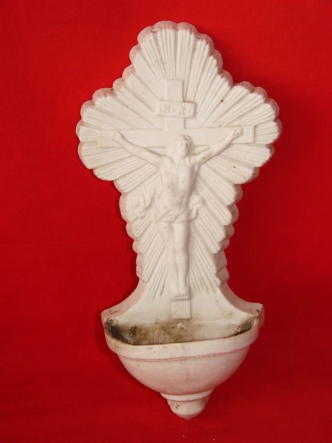 ANCIEN BÉNITIER EN BISCUIT XIX éme MARQUE TIS / CRUCIFIX CROIX CHRIST