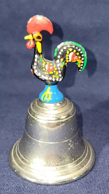 Hand Painted 3" Vintage Brass Rooster Bell, Multicolor, Made in Portugal, Nice !