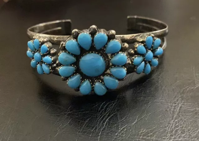 Old Pawn Vintage Navajo  Sterling Silver Petit Point Turquoise Cuff Bracelet