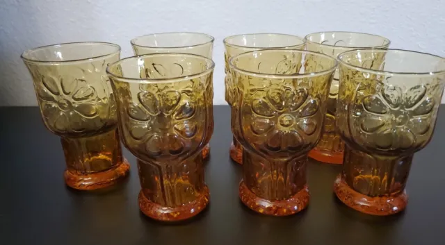 7 Libbey Country Garden Amber Juice Glasses Set Vintage Flowers Emboss Tumblers
