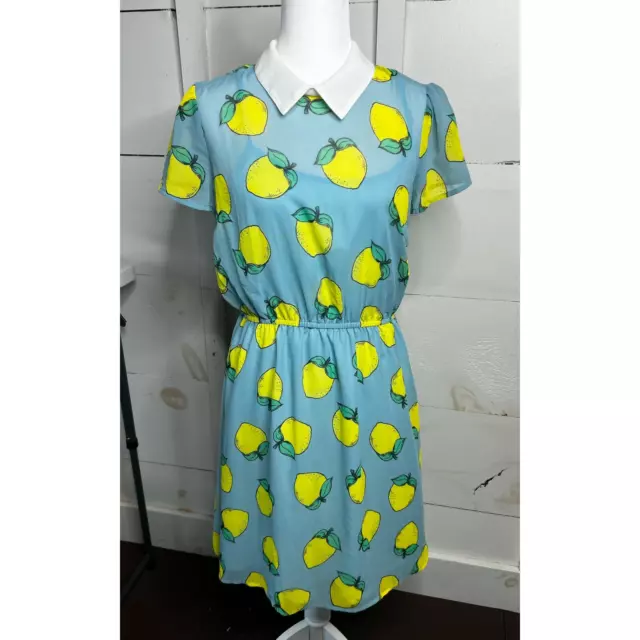 Mod Cloth Your Lively Side Peter Pan Collar Lemon Print Sheer Retro Dress Medium