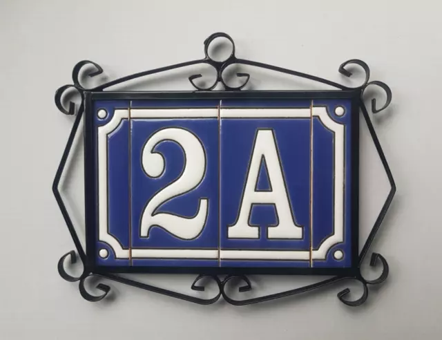 11cm x 5.5cm French Hand-painted Ceramic Blue Number Tiles & Metal Frames 2