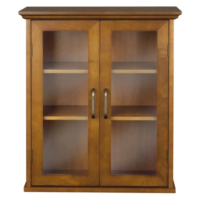 Oak Finish Bathroom Wall Cabinet with Glass 2-Doors & Shelves