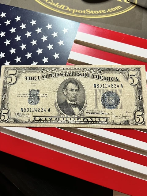 1934 C $5 Five Dollar Silver Certificate Blue Seal Nice Note N80124834A