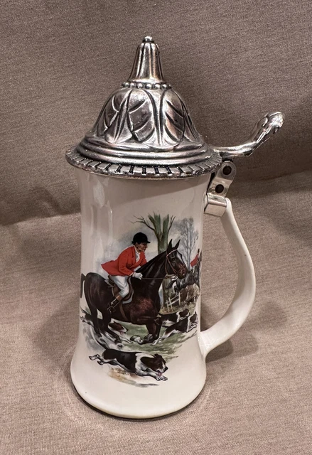 Nelson McCoy Pottery Co Beer Stein with Metal Lid, Fox Hunting Image